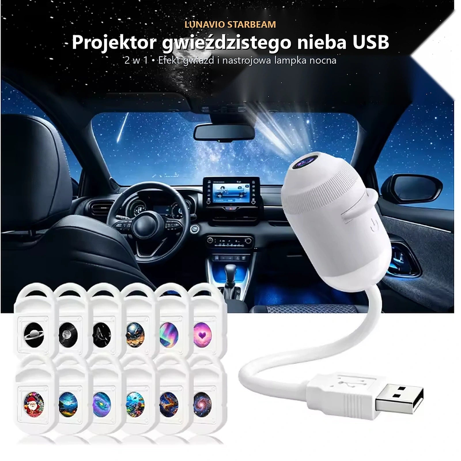 Projektor USB Lunavio StarBeam z efektem gwieździstego nieba