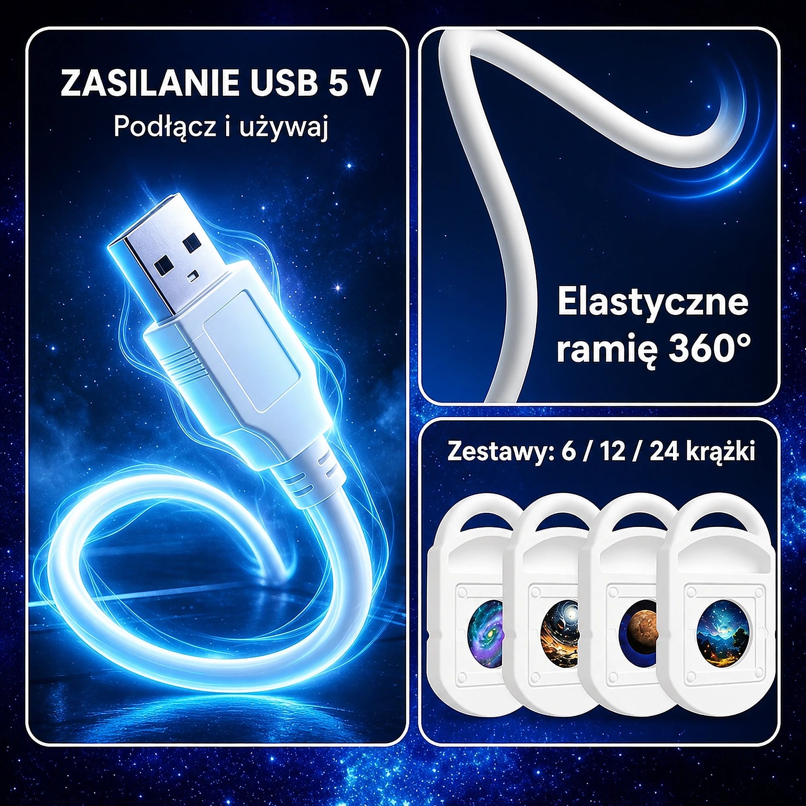 Zasilanie USB i elastyczne ramię 360 stopni